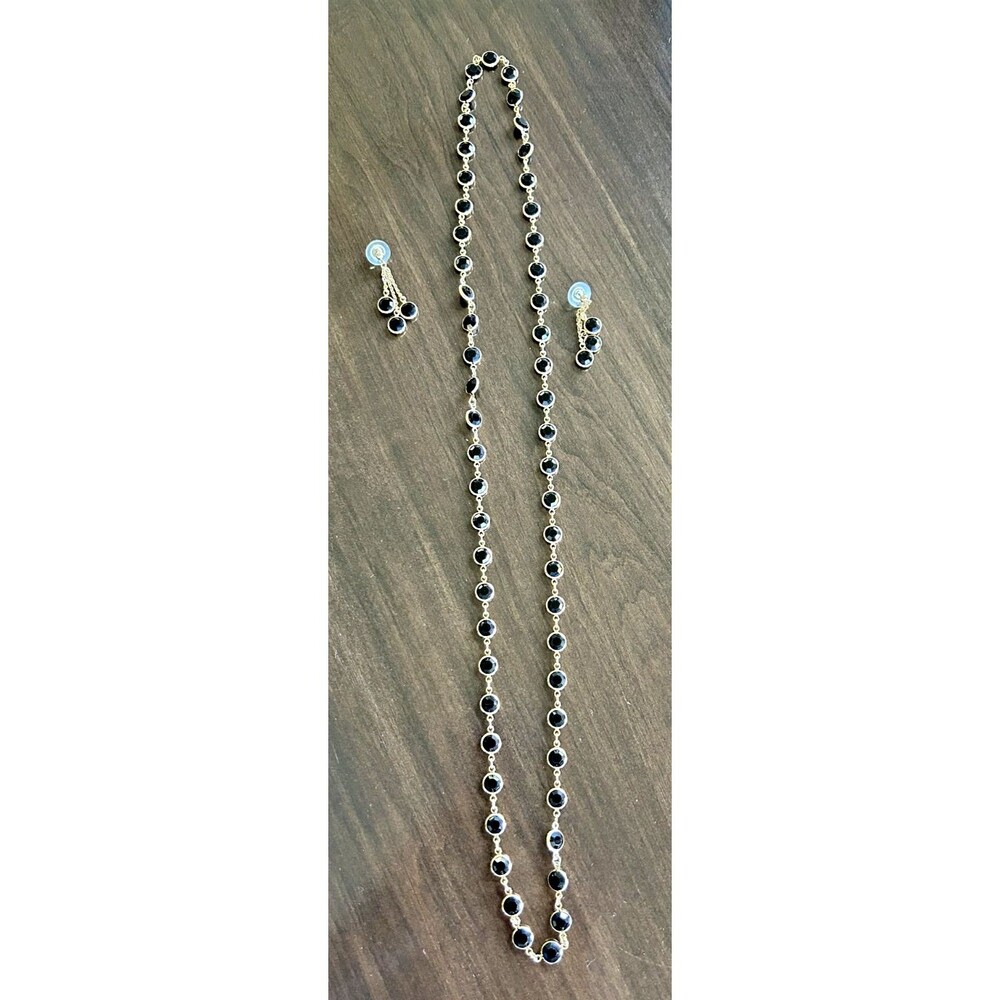 Vintage Black Crystal Gold-Tone Necklace w/ Matching Pierced Earrings